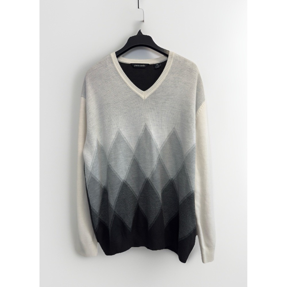 Pierre Cardin Sweater Mens XXL White Gray Black Argyle‎ V Neck Pullover Ombre